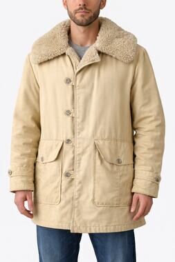 Vintage 1970s Sears Oakbrook Duck Cloth Cream/ Yellow Sherpa Lined Coat Large